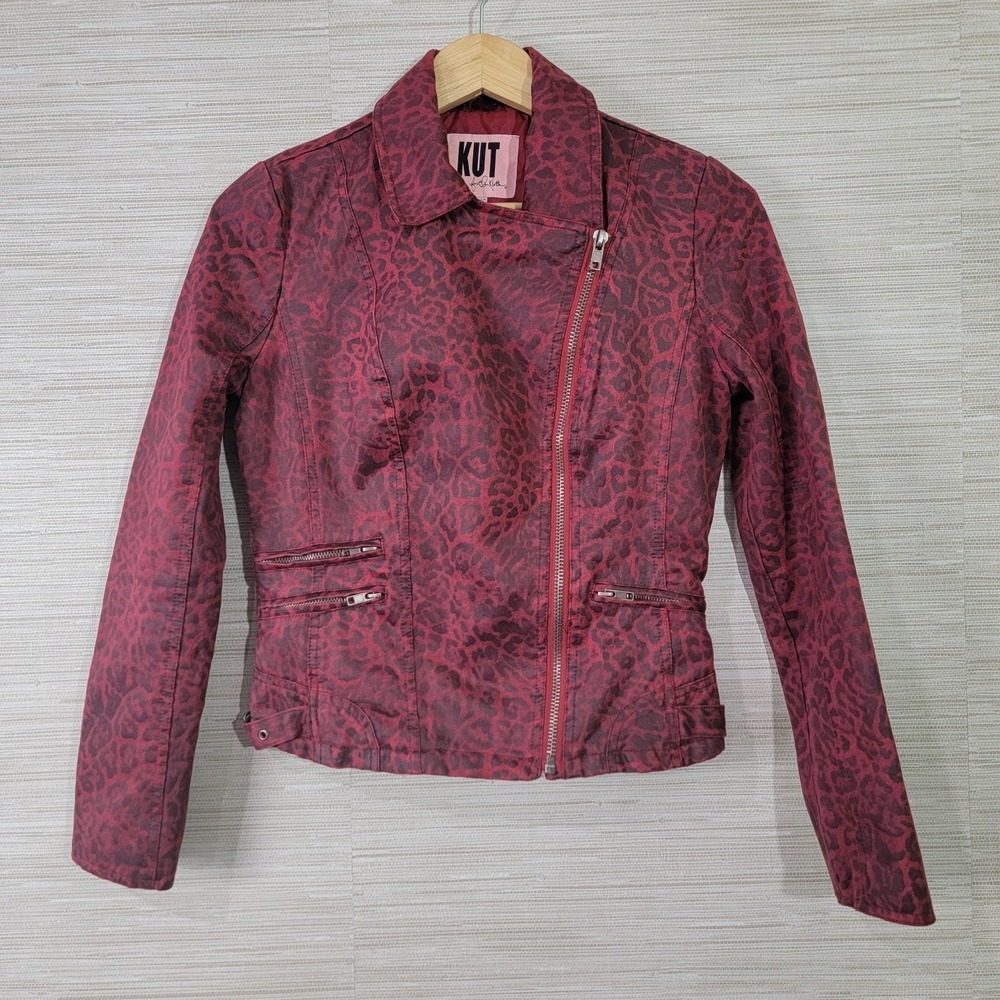 KUT from the Kloth Red Leopard Moto Jacket Women XS Cotton Blend Asym Zip Biker